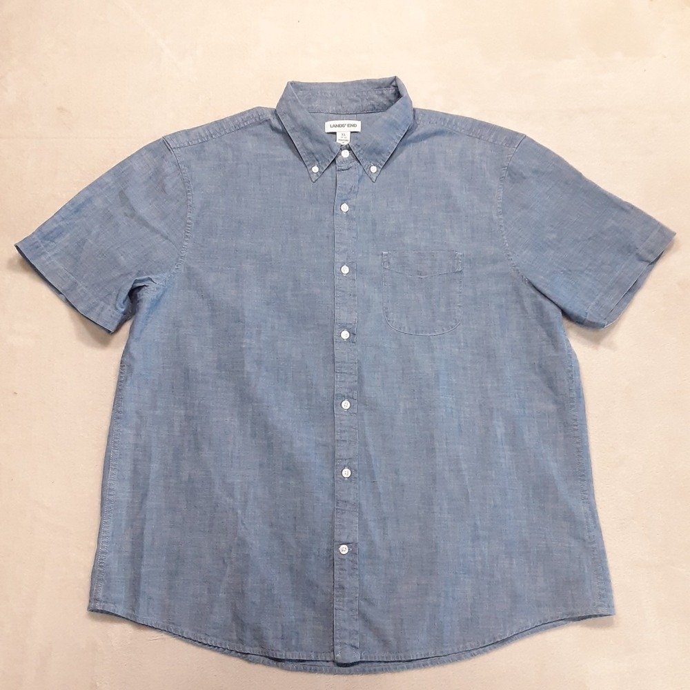 Lands End Mens SS Easy Fit Chambray Shirt XL 46-48 Blue Traditional Cut Cotton